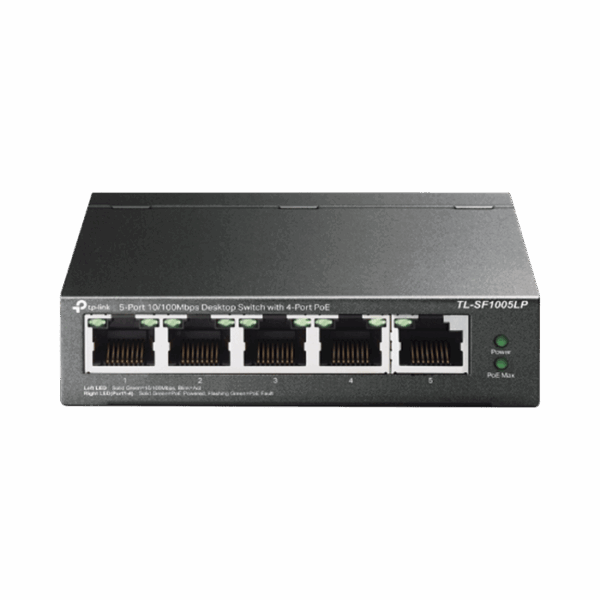 Switch PoE No Administrable de Escritorio / 5 puertos 10/100 Mbps / 4 puertos PoE af / Presupuesto 41 W / Modo extensor PoE hasta 250 metros / Calidad video prioritaria