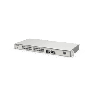 Switch Administrable Capa 2+ Plus, con 24 puertos Gigabit, 4 puertos SFP+ para fibra 10Gb, gestión gratuita desde la nube.